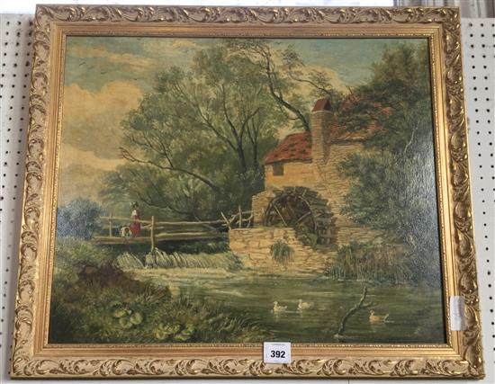 Oil on panel of scene of water mill, 2 figures & ducks(-)